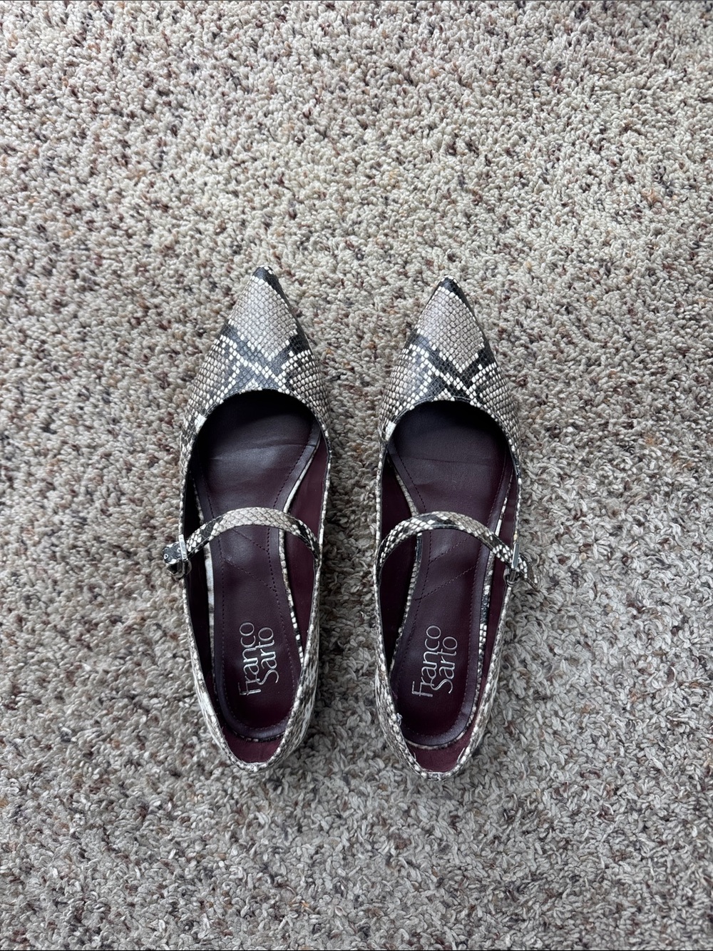 Franco Sarto Snake-Print Pointed Mary Jane Flats in Taupe and Black
